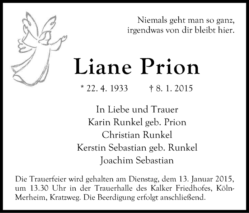  Traueranzeige für Liane Prion vom 10.01.2015 aus Kölner Stadt-Anzeiger / Kölnische Rundschau / Express