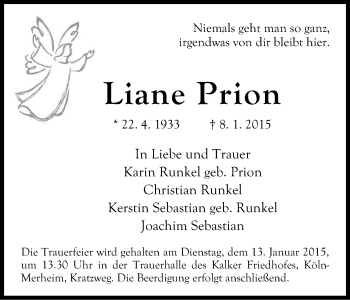 Anzeige von Liane Prion von Kölner Stadt-Anzeiger / Kölnische Rundschau / Express