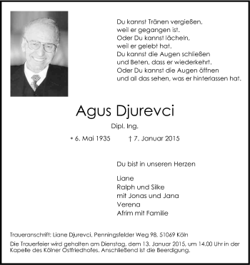 Anzeige von Agus Djurevci von Kölner Stadt-Anzeiger / Kölnische Rundschau / Express