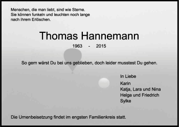 Anzeige von Thomas Hannemann von Kölner Stadt-Anzeiger / Kölnische Rundschau / Express