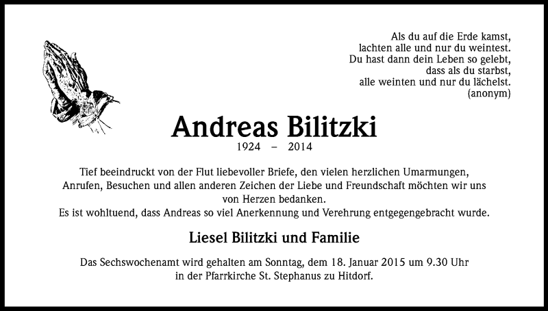  Traueranzeige für Andreas Bilitzki vom 10.01.2015 aus Kölner Stadt-Anzeiger / Kölnische Rundschau / Express