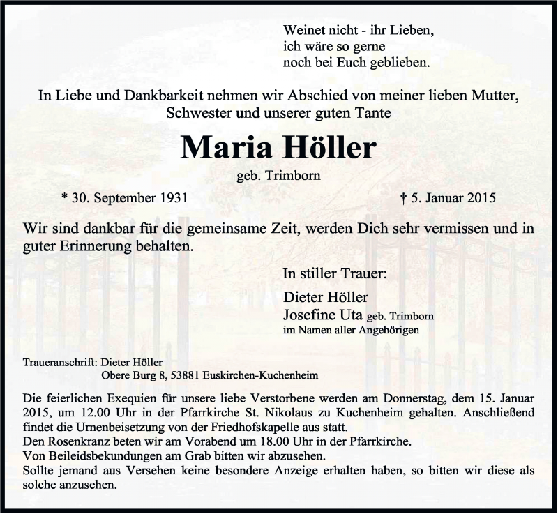  Traueranzeige für Maria Höller vom 10.01.2015 aus Kölner Stadt-Anzeiger / Kölnische Rundschau / Express