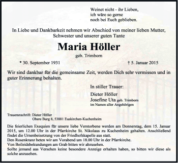 Anzeige von Maria Höller von Kölner Stadt-Anzeiger / Kölnische Rundschau / Express