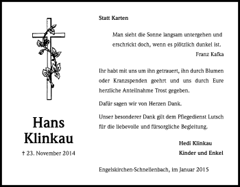 Anzeige von Hans Klinkau von Kölner Stadt-Anzeiger / Kölnische Rundschau / Express