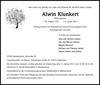 Anzeige von Alwin Klunkert von Kölner Stadt-Anzeiger / Kölnische Rundschau / Express