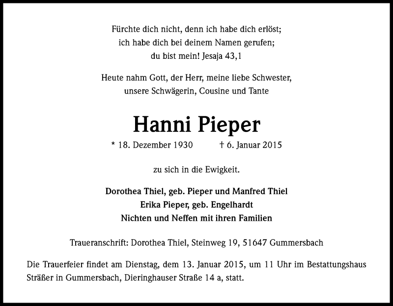 Traueranzeige für Hanni Pieper vom 10.01.2015 aus Kölner Stadt-Anzeiger / Kölnische Rundschau / Express