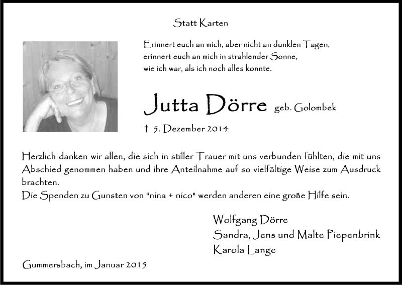  Traueranzeige für Jutta Dörre vom 10.01.2015 aus Kölner Stadt-Anzeiger / Kölnische Rundschau / Express