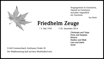 Anzeige von Friedhelm Zeuge von Kölner Stadt-Anzeiger / Kölnische Rundschau / Express