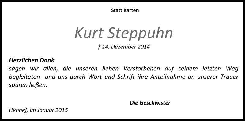  Traueranzeige für Kurt Steppuhn vom 10.01.2015 aus Kölner Stadt-Anzeiger / Kölnische Rundschau / Express