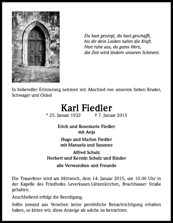Anzeige von Karl Fiedler von Kölner Stadt-Anzeiger / Kölnische Rundschau / Express