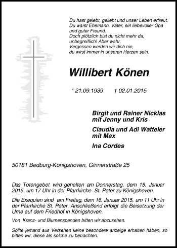Anzeige von Willibert Könen von Kölner Stadt-Anzeiger / Kölnische Rundschau / Express