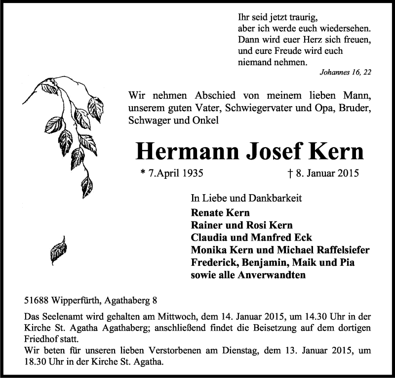  Traueranzeige für Hermann Josef Kern vom 10.01.2015 aus Kölner Stadt-Anzeiger / Kölnische Rundschau / Express