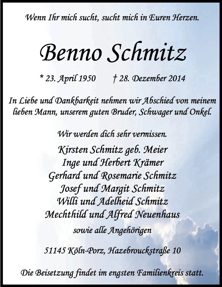  Traueranzeige für Benno Schmitz vom 10.01.2015 aus Kölner Stadt-Anzeiger / Kölnische Rundschau / Express