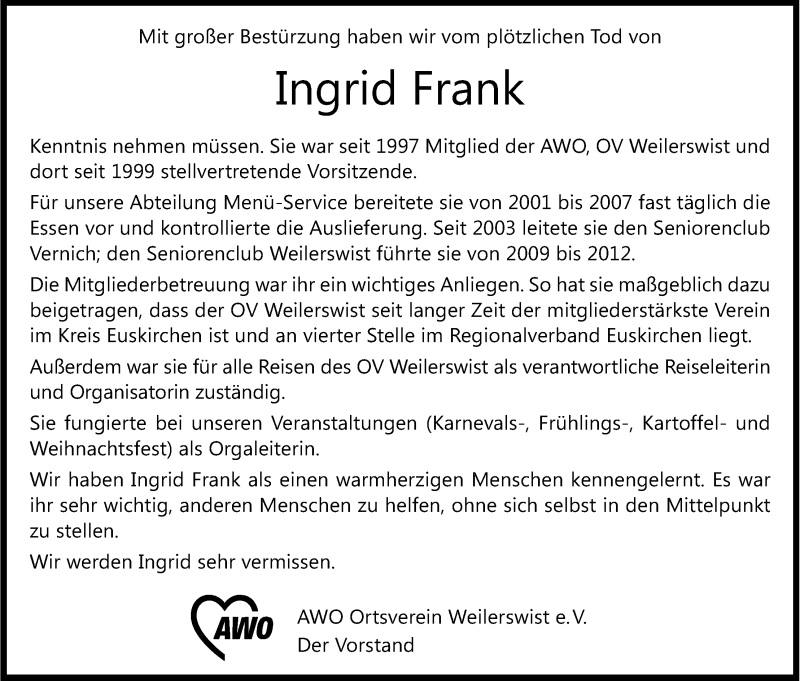  Traueranzeige für Ingrid Frank vom 10.01.2015 aus Kölner Stadt-Anzeiger / Kölnische Rundschau / Express