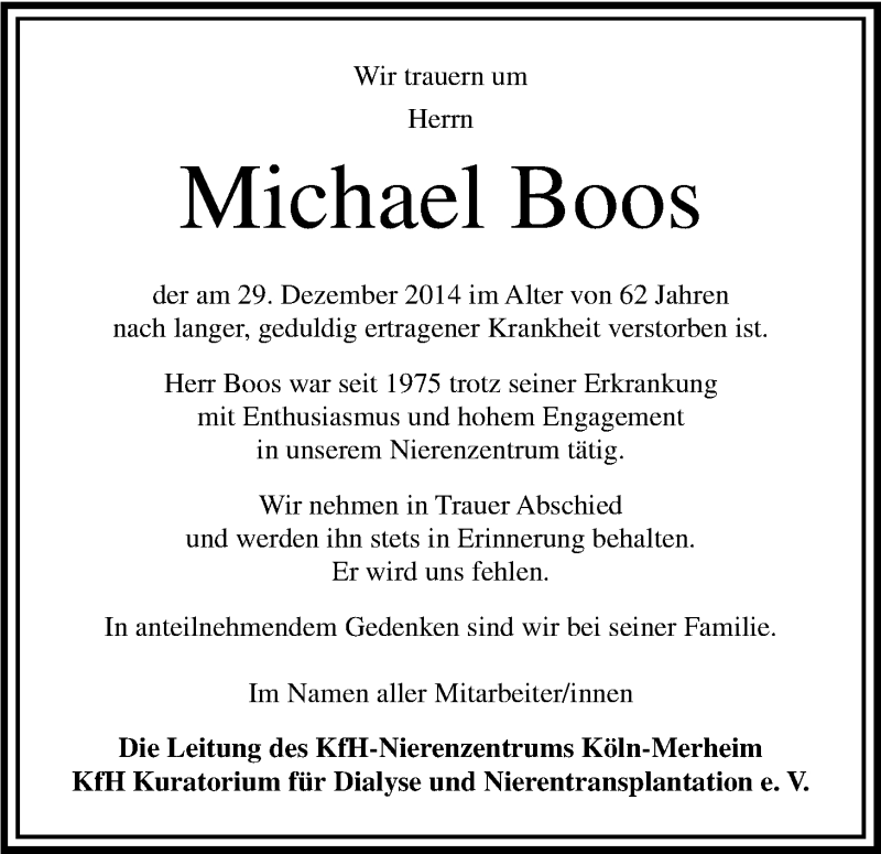  Traueranzeige für Michael Boos vom 10.01.2015 aus Kölner Stadt-Anzeiger / Kölnische Rundschau / Express
