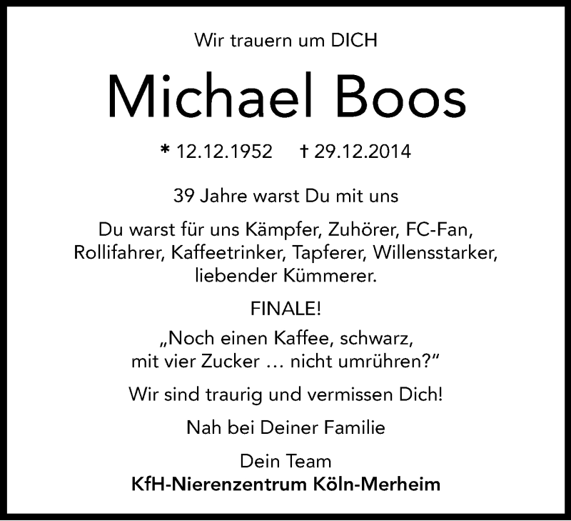  Traueranzeige für Michael Boos vom 10.01.2015 aus Kölner Stadt-Anzeiger / Kölnische Rundschau / Express