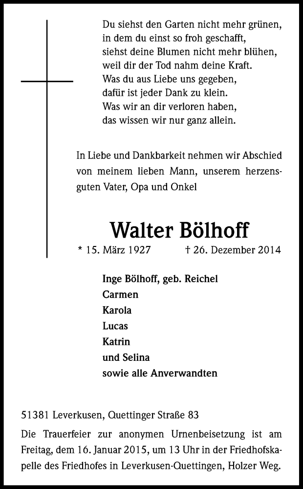  Traueranzeige für Walter Bölhoff vom 10.01.2015 aus Kölner Stadt-Anzeiger / Kölnische Rundschau / Express