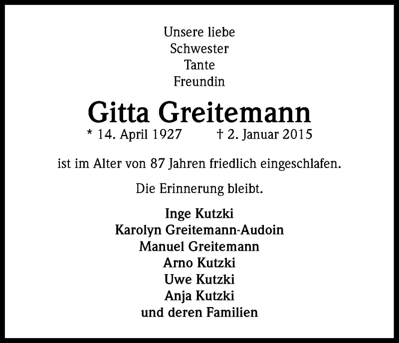  Traueranzeige für Gitta Greitemann vom 10.01.2015 aus Kölner Stadt-Anzeiger / Kölnische Rundschau / Express