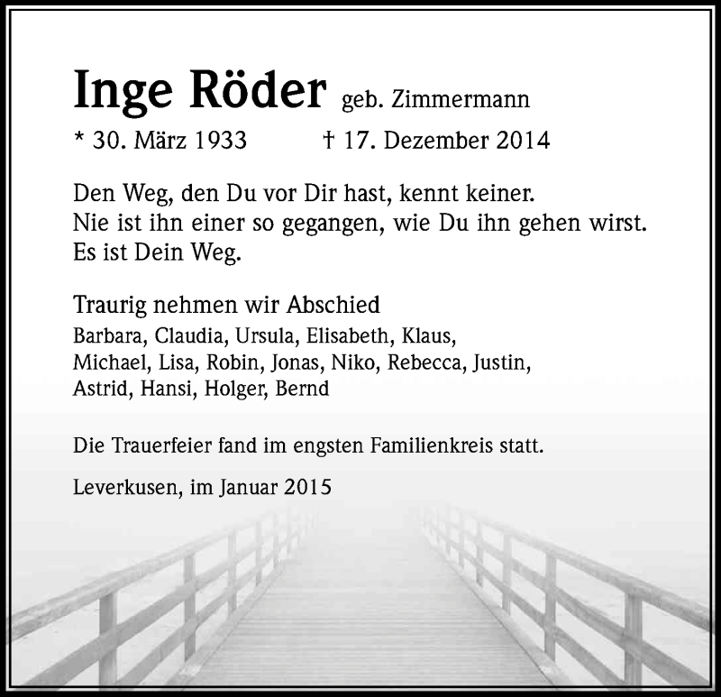  Traueranzeige für Inge Röder vom 10.01.2015 aus Kölner Stadt-Anzeiger / Kölnische Rundschau / Express