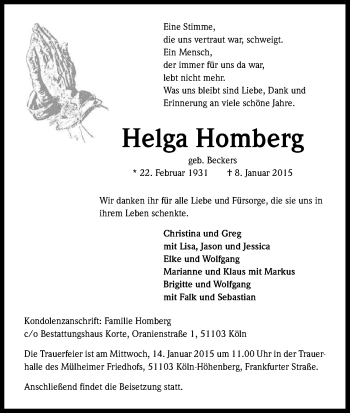 Anzeige von Helga Homberg von Kölner Stadt-Anzeiger / Kölnische Rundschau / Express