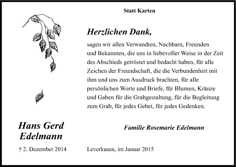  Traueranzeige für Hans Gerd Edelmann vom 10.01.2015 aus Kölner Stadt-Anzeiger / Kölnische Rundschau / Express