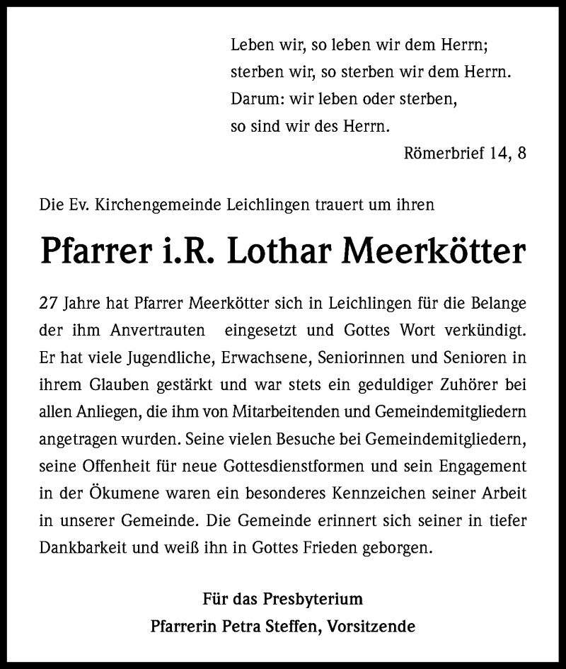  Traueranzeige für Lothar Meerkötter vom 10.01.2015 aus Kölner Stadt-Anzeiger / Kölnische Rundschau / Express