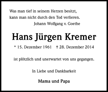 Anzeige von Hans Jürgen Kremer von Kölner Stadt-Anzeiger / Kölnische Rundschau / Express