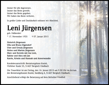 Anzeige von Leni Jürgensen von Kölner Stadt-Anzeiger / Kölnische Rundschau / Express