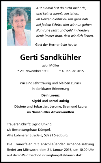 Anzeige von Gerti Sandkühler von Kölner Stadt-Anzeiger / Kölnische Rundschau / Express