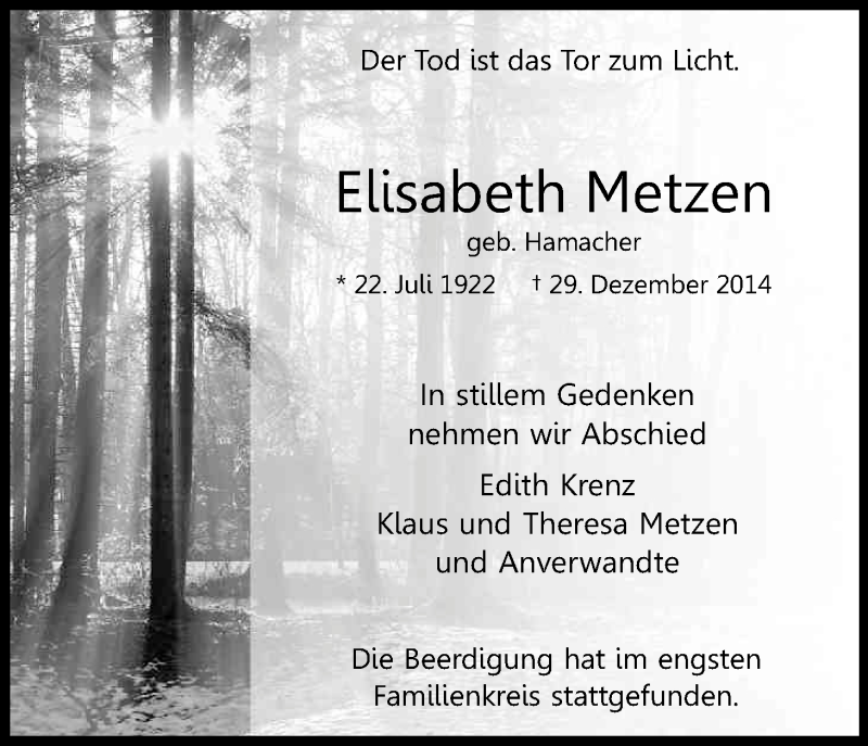  Traueranzeige für Elisabeth Metzen vom 10.01.2015 aus Kölner Stadt-Anzeiger / Kölnische Rundschau / Express