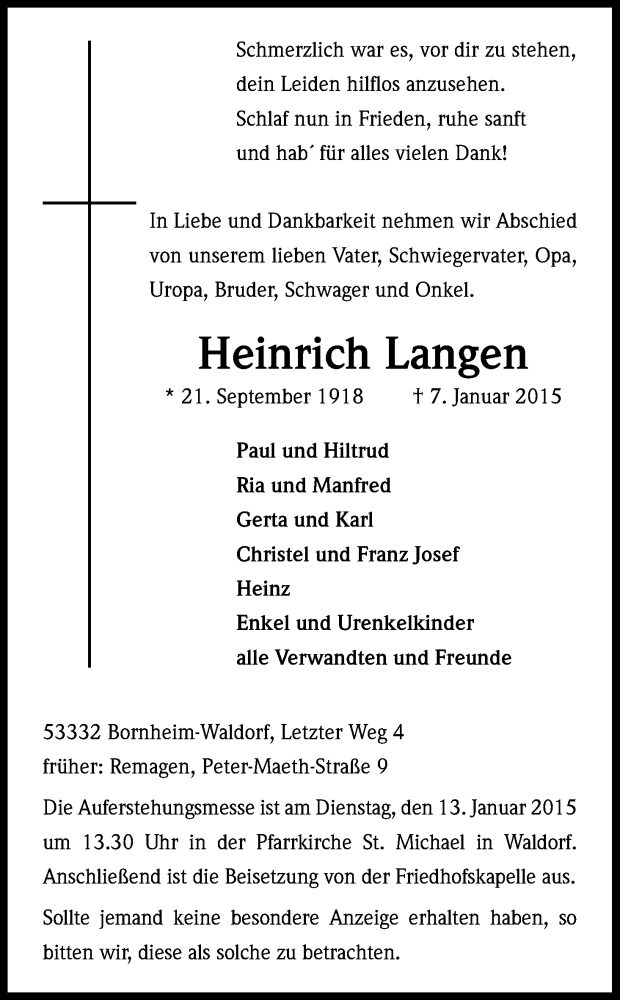  Traueranzeige für Heinrich Langen vom 10.01.2015 aus Kölner Stadt-Anzeiger / Kölnische Rundschau / Express