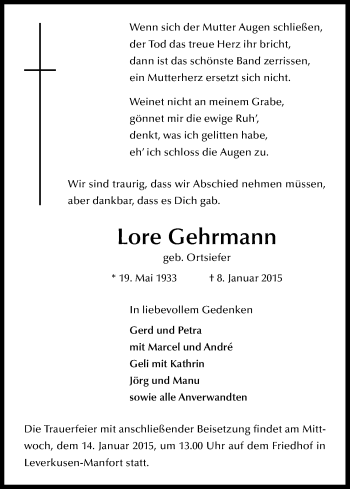 Anzeige von Lore Gehrmann von Kölner Stadt-Anzeiger / Kölnische Rundschau / Express