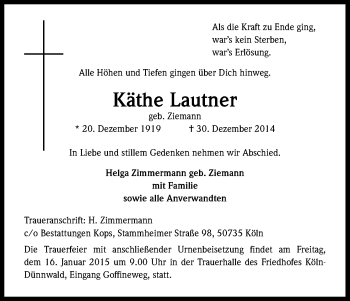 Anzeige von Käthe Lautner von Kölner Stadt-Anzeiger / Kölnische Rundschau / Express
