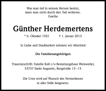 Anzeige von Günther Herdemertens von Kölner Stadt-Anzeiger / Kölnische Rundschau / Express