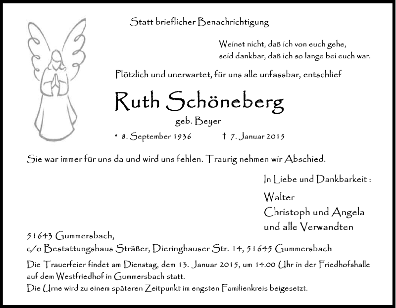  Traueranzeige für Kuth Schöneberg vom 10.01.2015 aus Kölner Stadt-Anzeiger / Kölnische Rundschau / Express