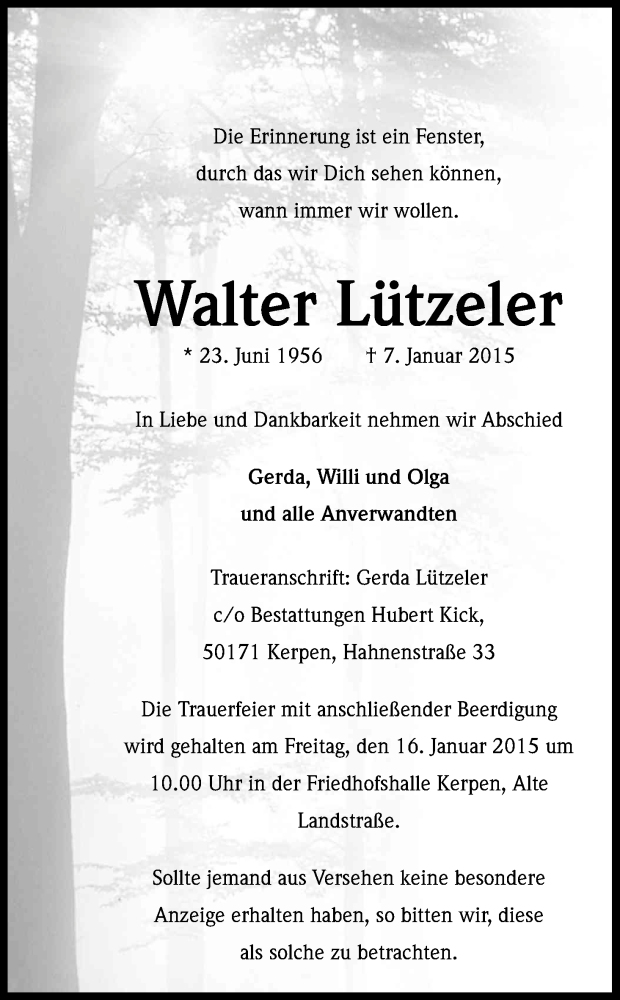  Traueranzeige für Walter Lützeler vom 13.01.2015 aus Kölner Stadt-Anzeiger / Kölnische Rundschau / Express