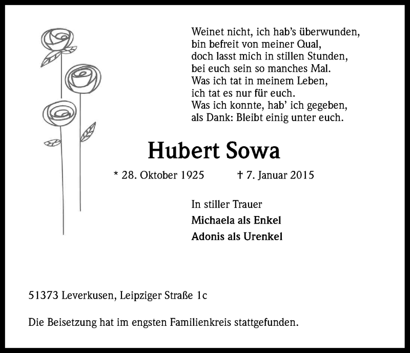  Traueranzeige für Hubert Sowa vom 12.01.2015 aus Kölner Stadt-Anzeiger / Kölnische Rundschau / Express