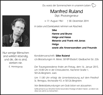 Anzeige von Manfred Ruland von Kölner Stadt-Anzeiger / Kölnische Rundschau / Express