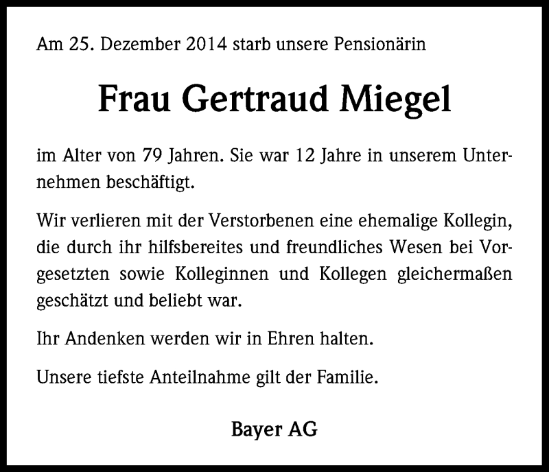  Traueranzeige für Gertraud Miegel vom 13.01.2015 aus Kölner Stadt-Anzeiger / Kölnische Rundschau / Express