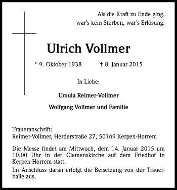 Anzeige von Ulrich Vollmer von Kölner Stadt-Anzeiger / Kölnische Rundschau / Express