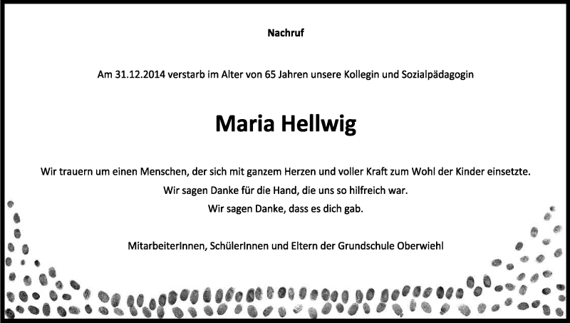  Traueranzeige für Maria Hellwig vom 12.01.2015 aus Kölner Stadt-Anzeiger / Kölnische Rundschau / Express