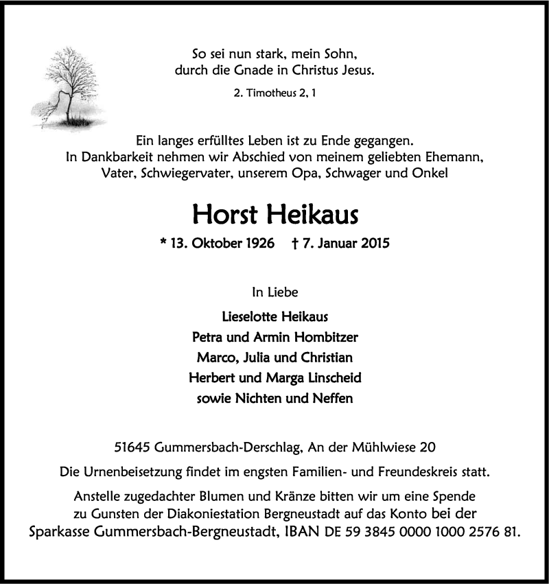  Traueranzeige für Horst Heikaus vom 13.01.2015 aus Kölner Stadt-Anzeiger / Kölnische Rundschau / Express