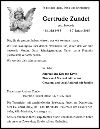 Anzeige von Gertrude Zundel von Kölner Stadt-Anzeiger / Kölnische Rundschau / Express