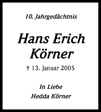 Anzeige von Hans Erich Körner von Kölner Stadt-Anzeiger / Kölnische Rundschau / Express