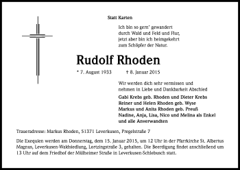 Anzeige von Rudolf Rhoden von Kölner Stadt-Anzeiger / Kölnische Rundschau / Express