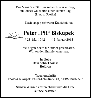 Anzeige von Peter Biskupek von Kölner Stadt-Anzeiger / Kölnische Rundschau / Express