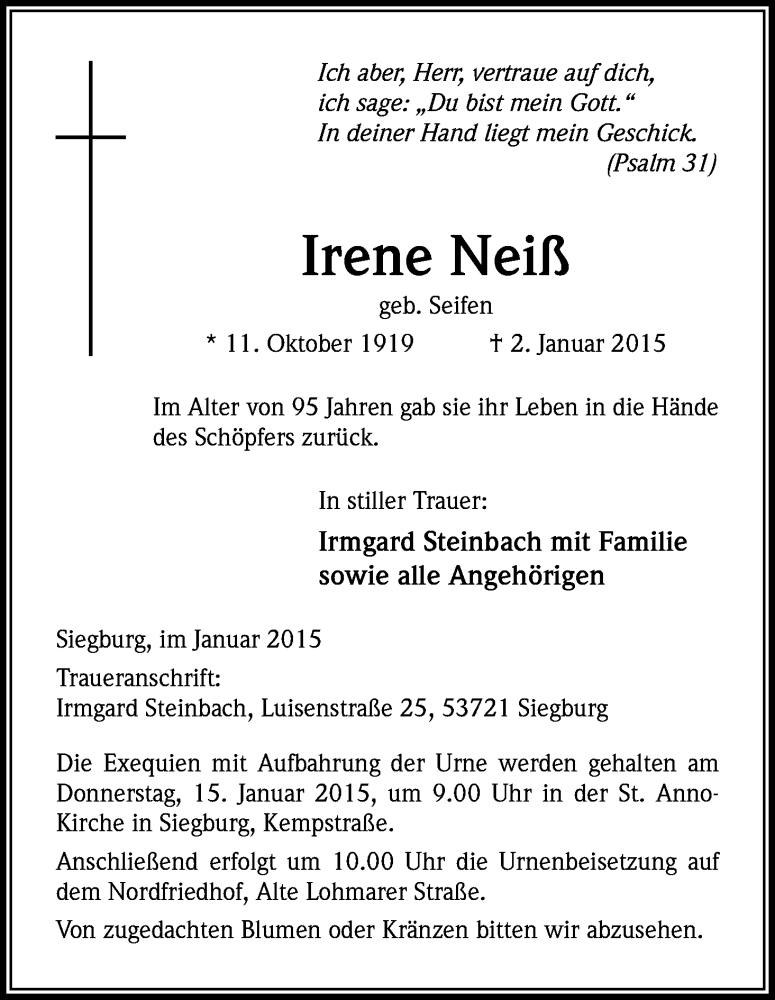  Traueranzeige für Irene Neiß vom 12.01.2015 aus Kölner Stadt-Anzeiger / Kölnische Rundschau / Express