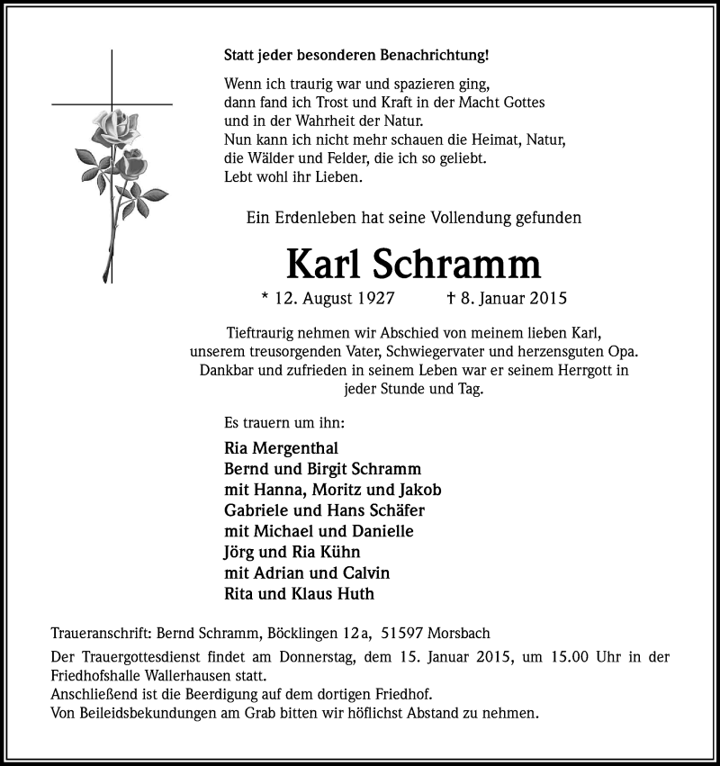  Traueranzeige für Karl Schramm vom 12.01.2015 aus Kölner Stadt-Anzeiger / Kölnische Rundschau / Express