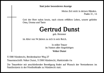 Anzeige von Gertrud Dunst von Kölner Stadt-Anzeiger / Kölnische Rundschau / Express