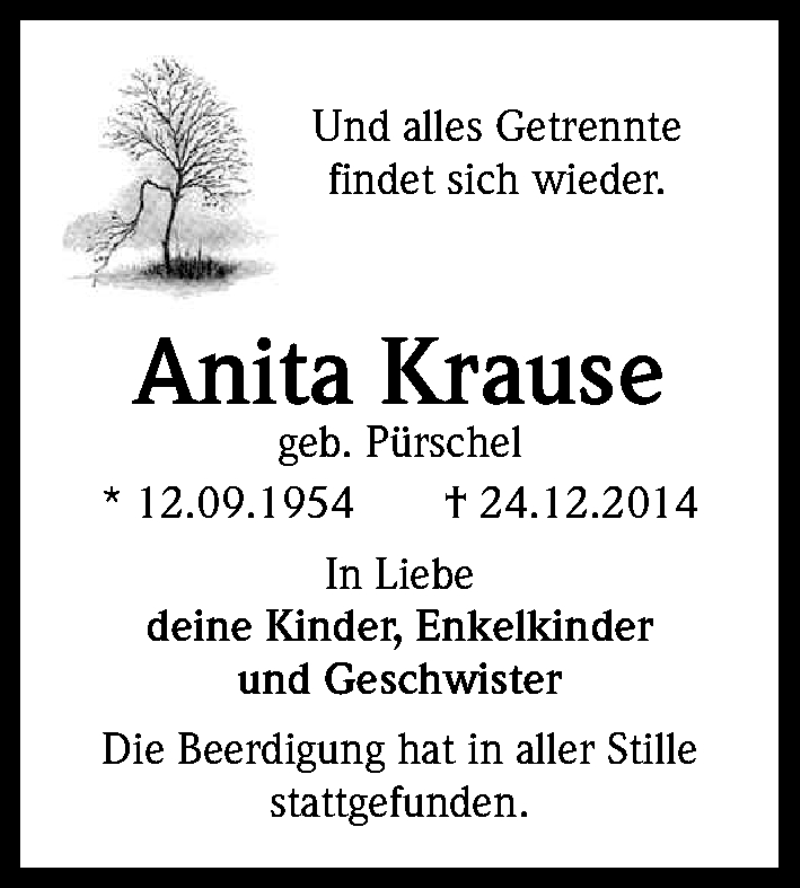  Traueranzeige für Anita Krause vom 13.01.2015 aus Kölner Stadt-Anzeiger / Kölnische Rundschau / Express